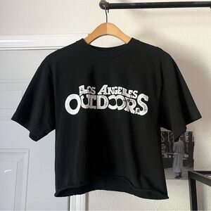 MISTER GREEN LIFE STORE black text graphic boxy cropped raw hem tee